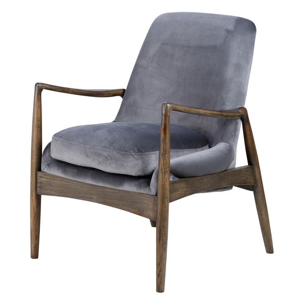 Fauteuil velours gris pieds frêne brûlé