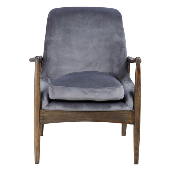 Fauteuil velours gris pieds frêne brûlé