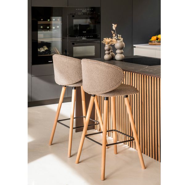 Chaise de bar tissu effet laine bouclette taupe