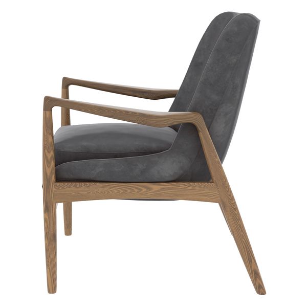 Fauteuil velours gris pieds frêne brûlé