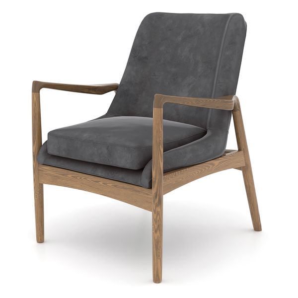 Fauteuil velours gris pieds frêne brûlé