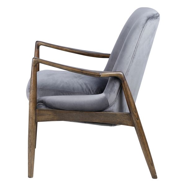 Fauteuil velours gris pieds frêne brûlé