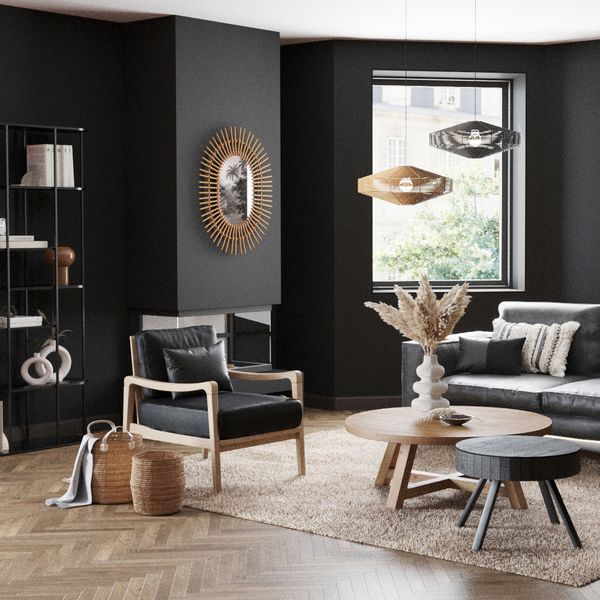 Fauteuil cuir noir pieds frêne naturel