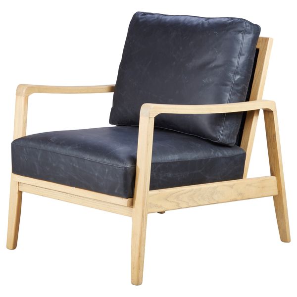 Fauteuil cuir noir pieds frêne naturel