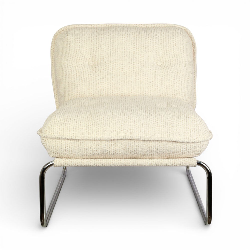 Fauteuil tissu chenillé beige pied chromé