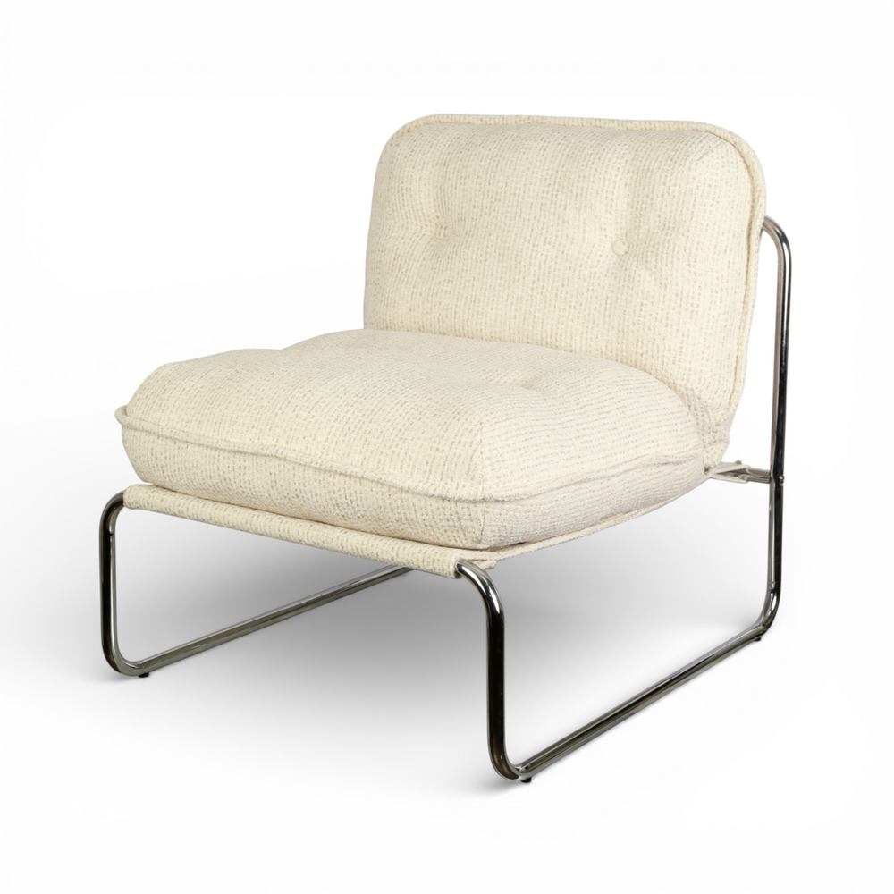 Fauteuil tissu chenillé beige pied chromé