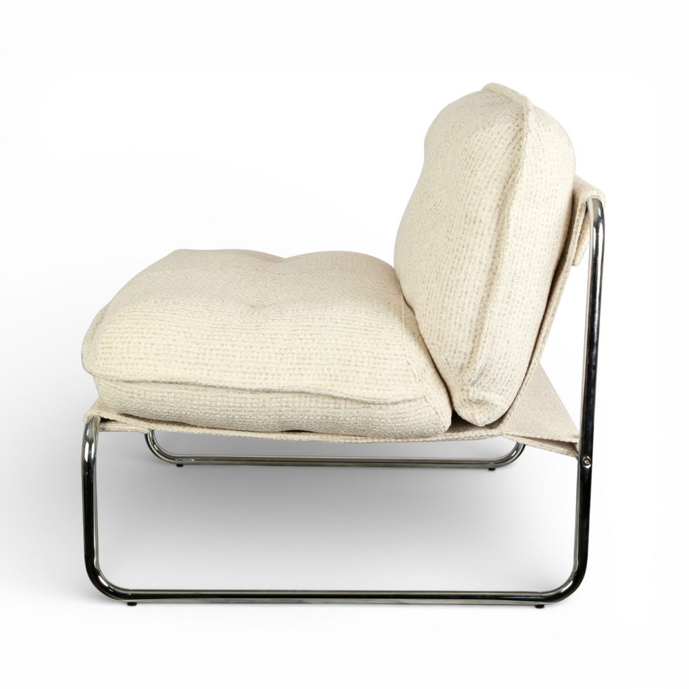 Fauteuil tissu chenillé beige pied chromé