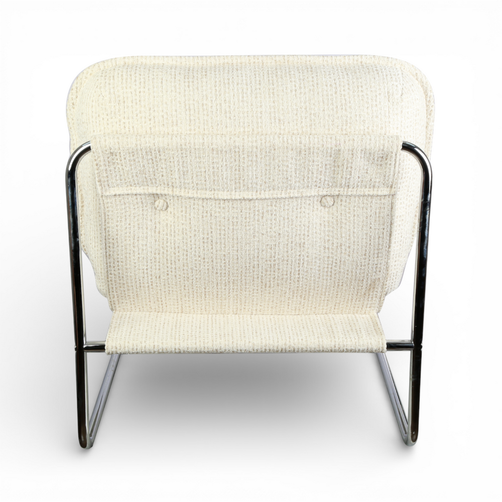 Fauteuil tissu chenillé beige pied chromé