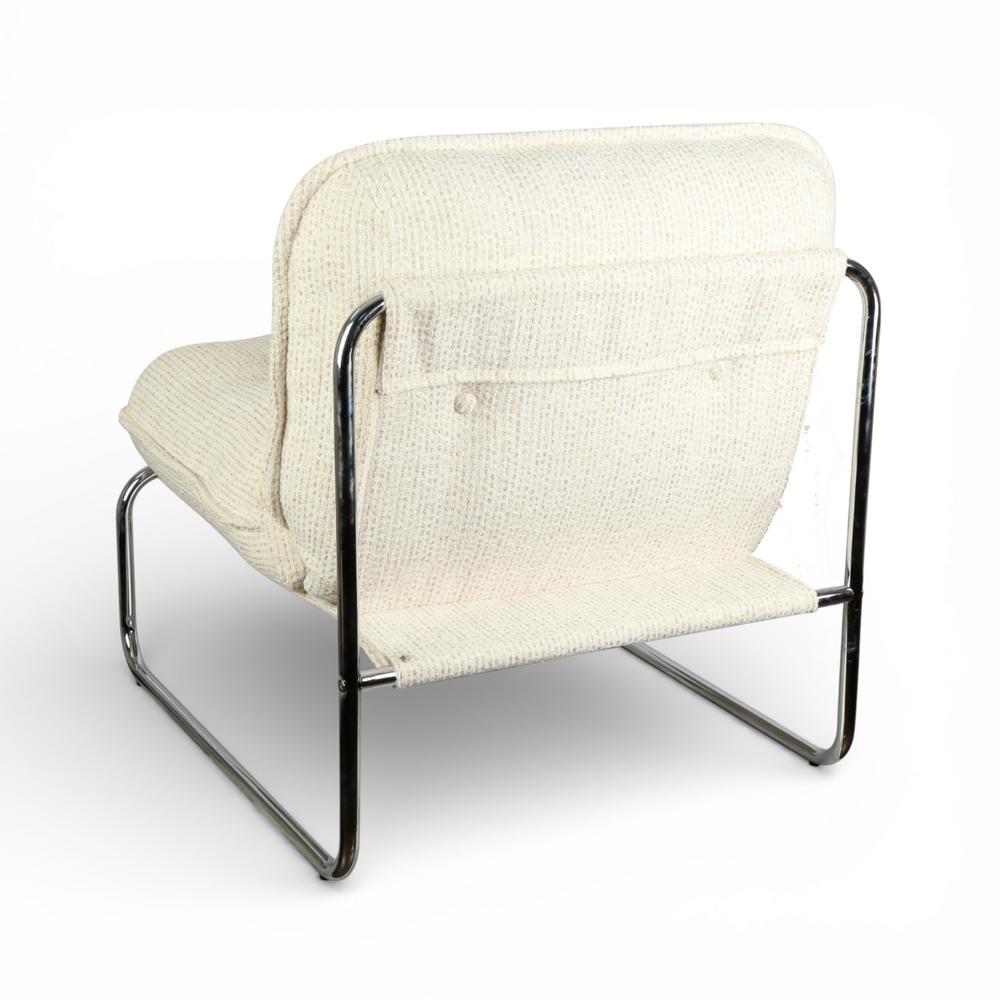 Fauteuil tissu chenillé beige pied chromé