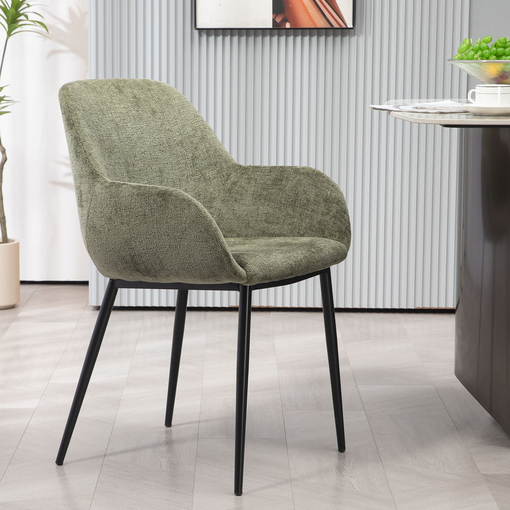 Chaise repas avec accoudoirs tissu chenille kaki pied métal