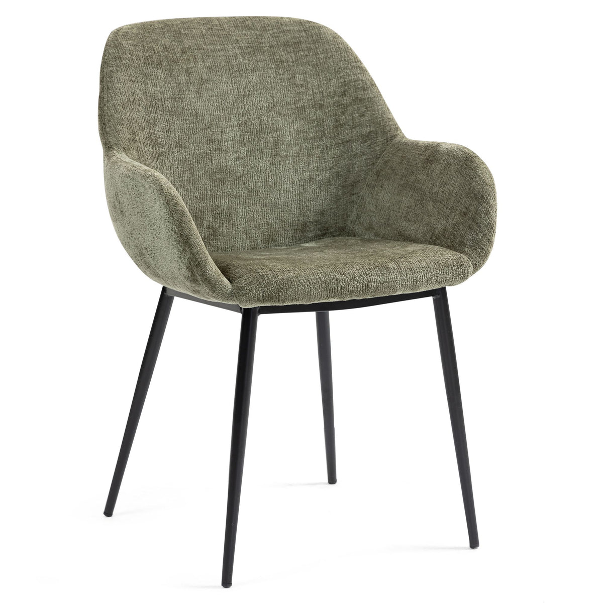 Chaise repas avec accoudoirs tissu chenille kaki pied métal