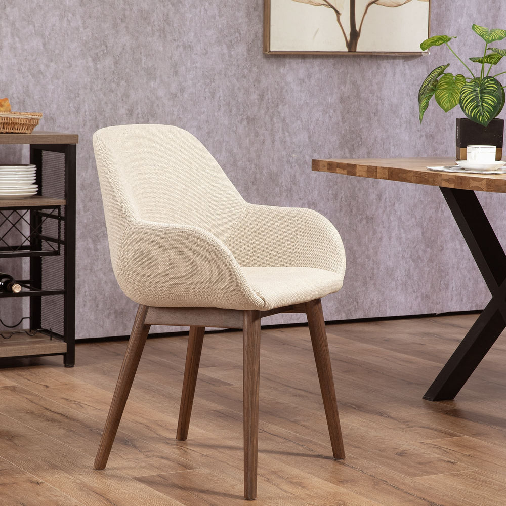 Chaise repas avec accoudoirs en tissu beige pied chêne foncé