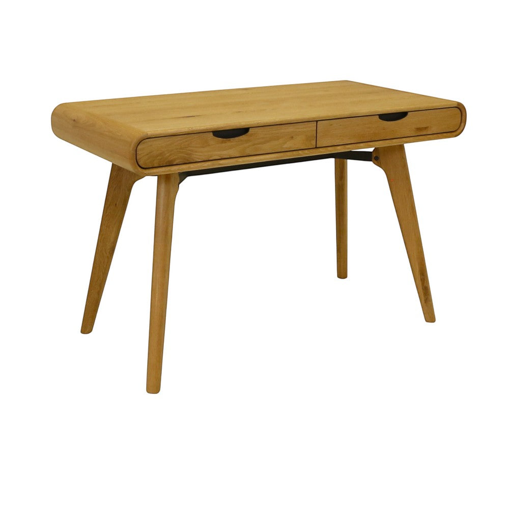 Bureau ZAGO STORE en chêne naturel avec deux tiroirs et pieds compas, design scandinave élégant.