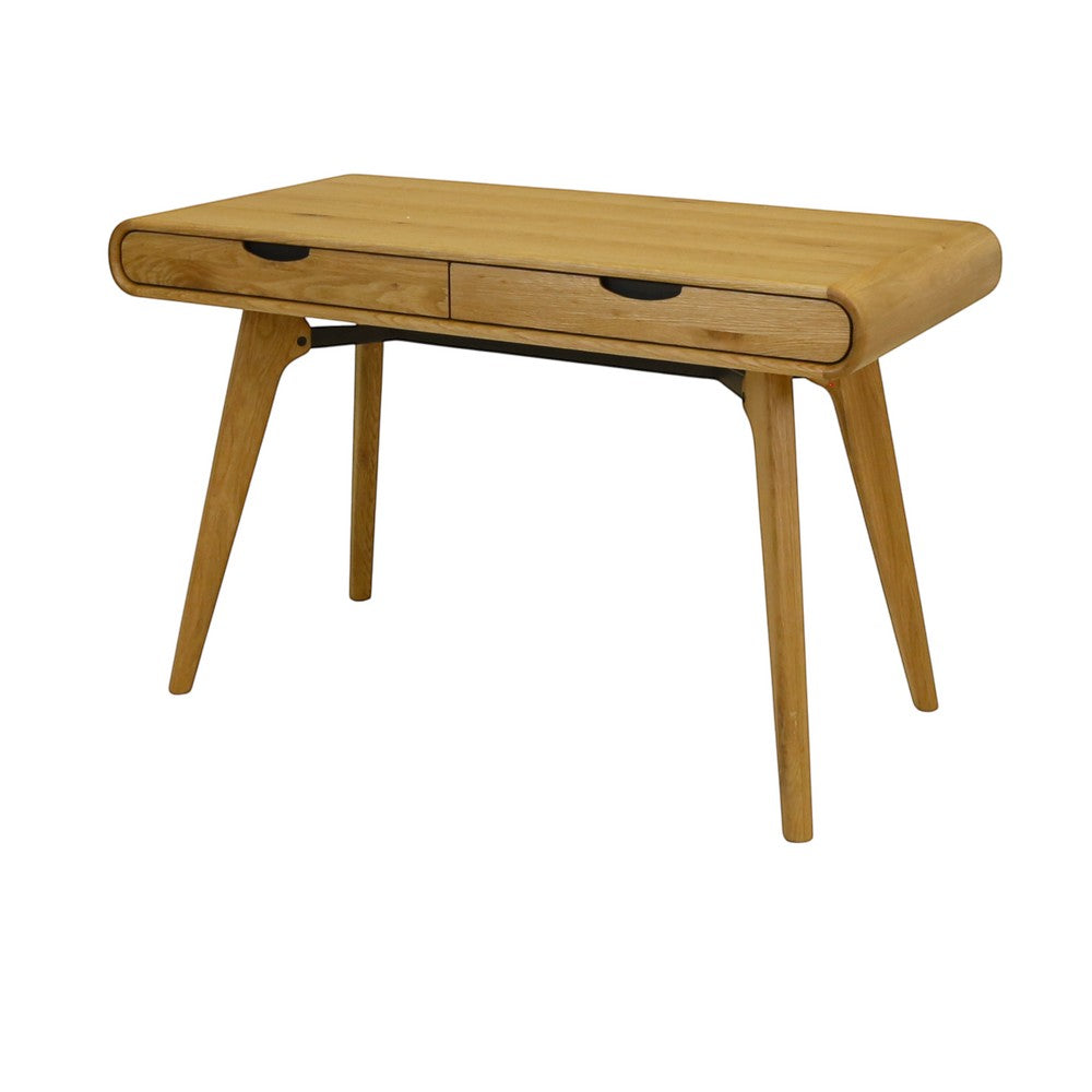 Bureau ZAGO STORE en chêne naturel avec deux tiroirs, design scandinave aux lignes arrondies et pieds compas.