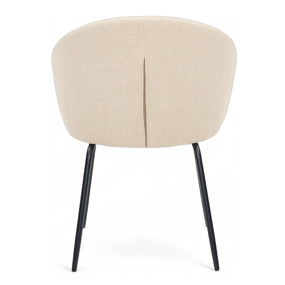 Chaise de repas ZAGO STORE en tissu écru avec dossier enveloppant et pieds en métal noir, vue de dos