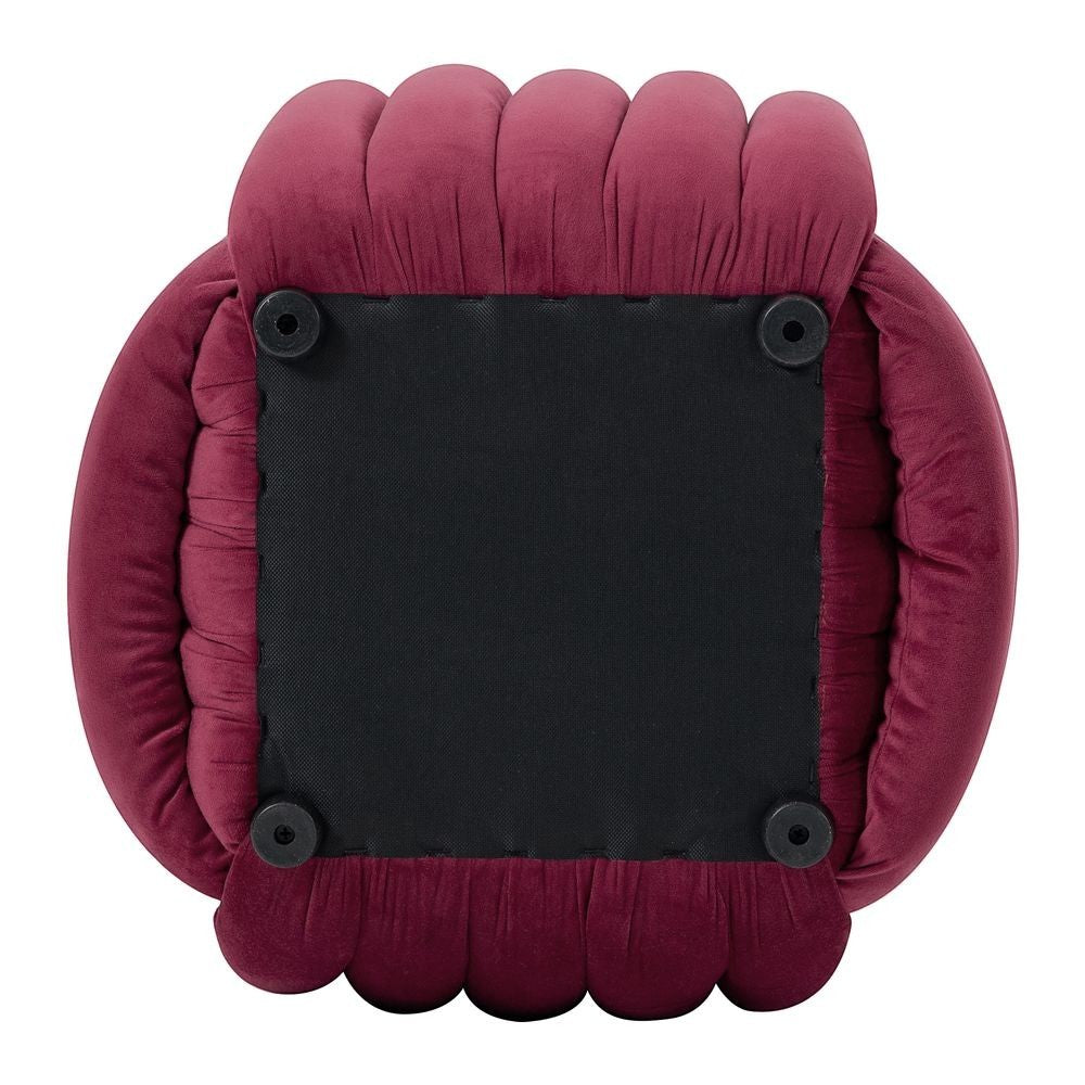 Vue de dessous du pouf noeud ZAGO STORE en velours bordeaux montrant la base noire et les pieds de protection