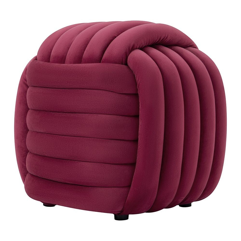 Pouf ZAGO STORE en velours bordeaux au design sculptural en forme de nœud, idéal pour une décoration contemporaine.