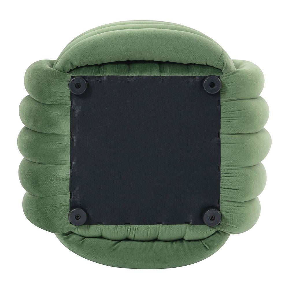 Vue de dessous du pouf ZAGO STORE en velours vert clair avec pieds antidérapants et structure sculpturale