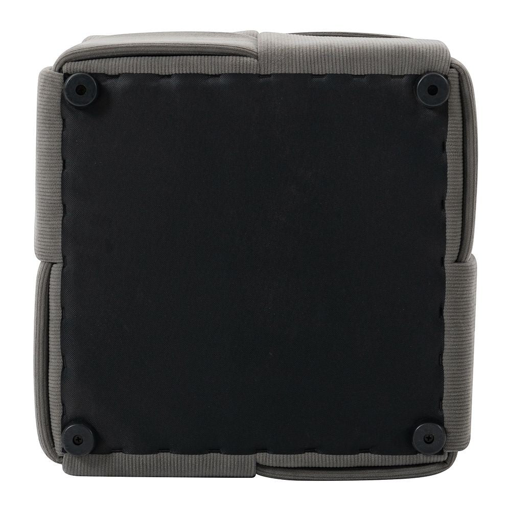 Vue de dessous du pouf ZAGO STORE en velours côtelé gris avec patins de protection noirs