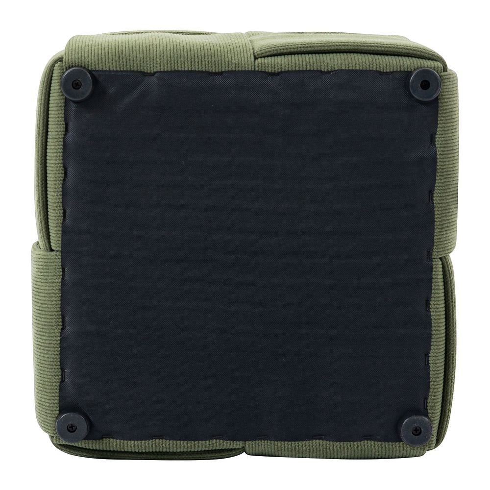 Vue de dessous du pouf ZAGO STORE en velours côtelé kaki avec patins de protection noirs